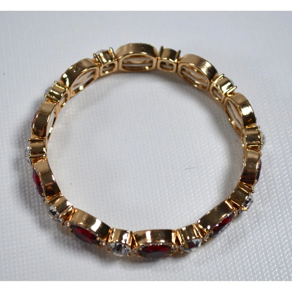 Gold Tone Stretch‎ Bracelet Red Faceted Setting Surrounded by Clear Rhinestones